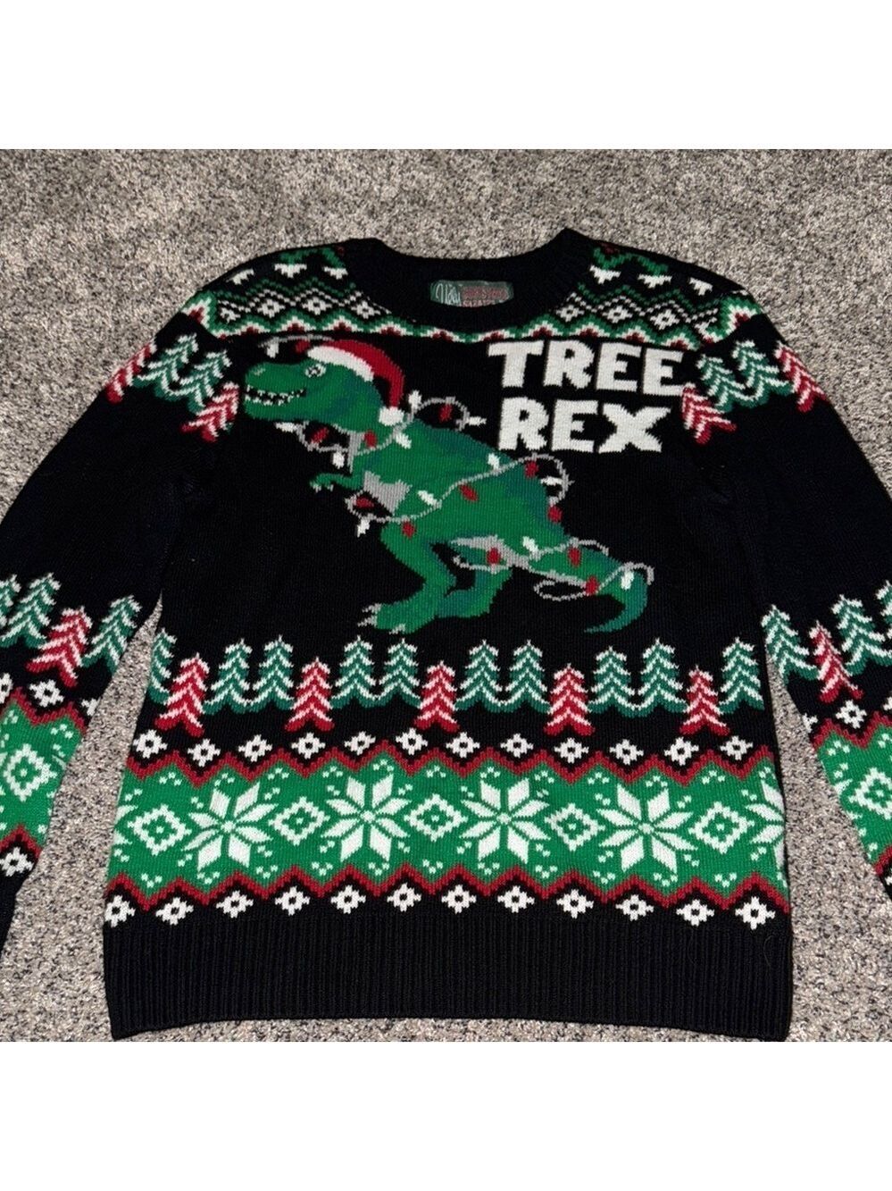 Ugly Christmas Sweater Black and Green Crewneck with Festive Tree Rex
